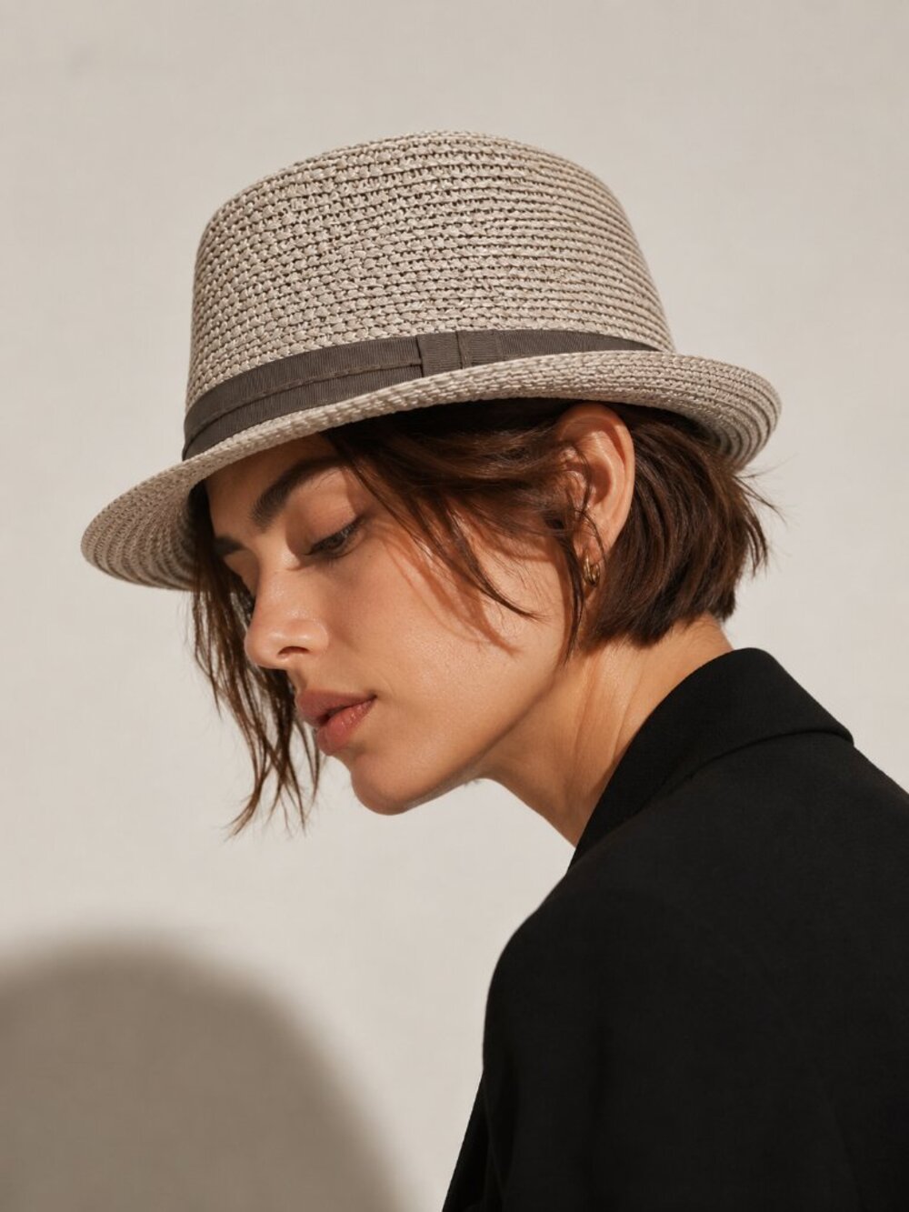 Nine West Gray Straw Fedora Hat Taupe Ribbon Accent